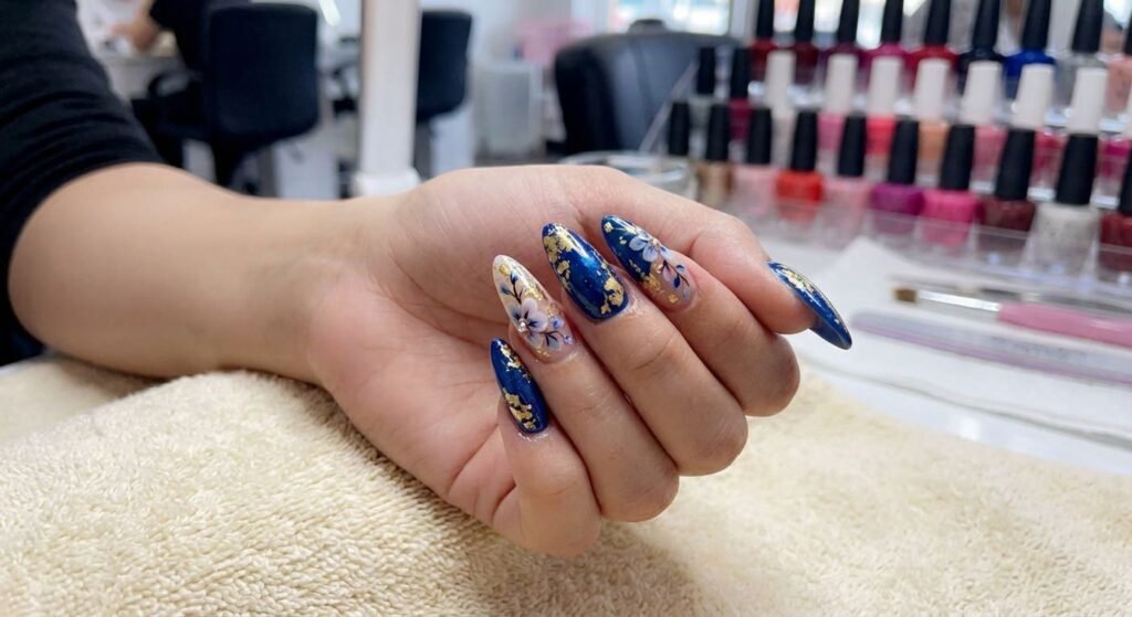 A close-up of a beautifully manicured hand with floral designs and a blue nail polish, set against a background of colorful nail polish bottles.