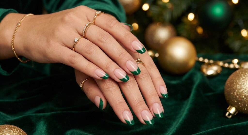 Rich emerald green tips bring luxury and depth to your French manicure. This jewel tone is particularly stunning during the holiday season but works year-round for those who love dramatic color. It pairs beautifully with gold jewelry and accessories.
