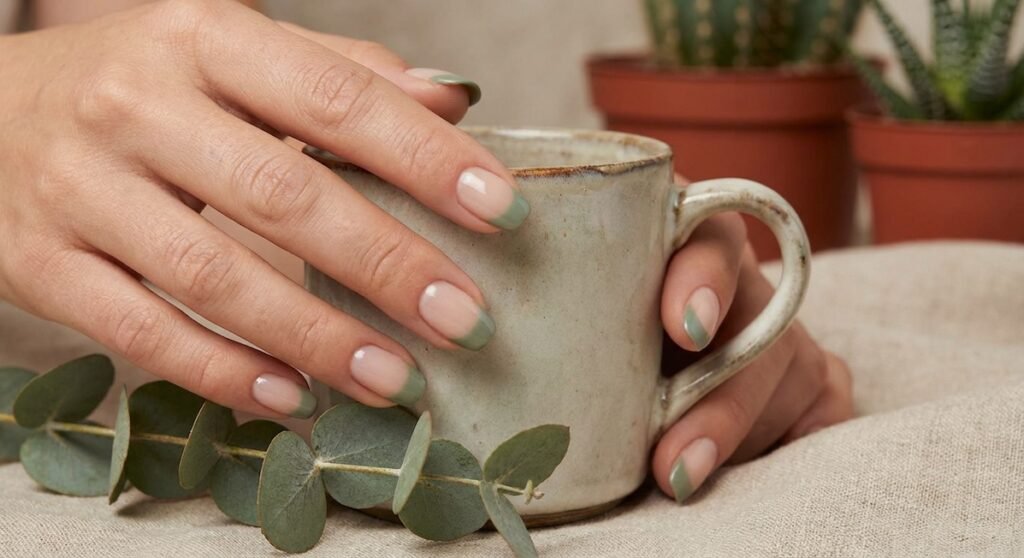 Earthy sage green tips connect your manicure to nature's palette. This muted green shade has become increasingly popular for its calming properties and versatility. 
