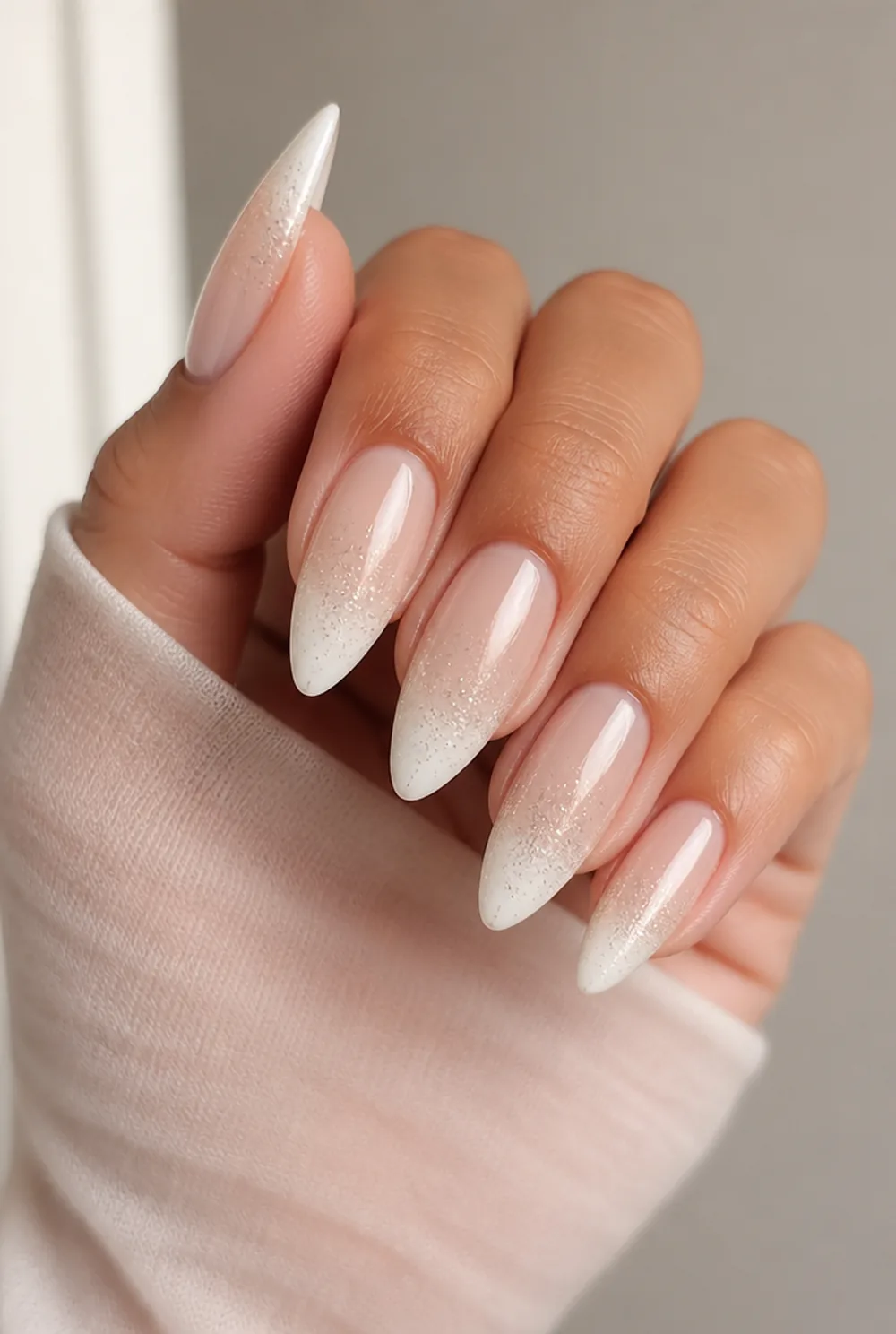 glitter gradient french nail art on olive skin long length - PolishedAndPrettyNails.com glitter gradient french nail art on olive skin, long length