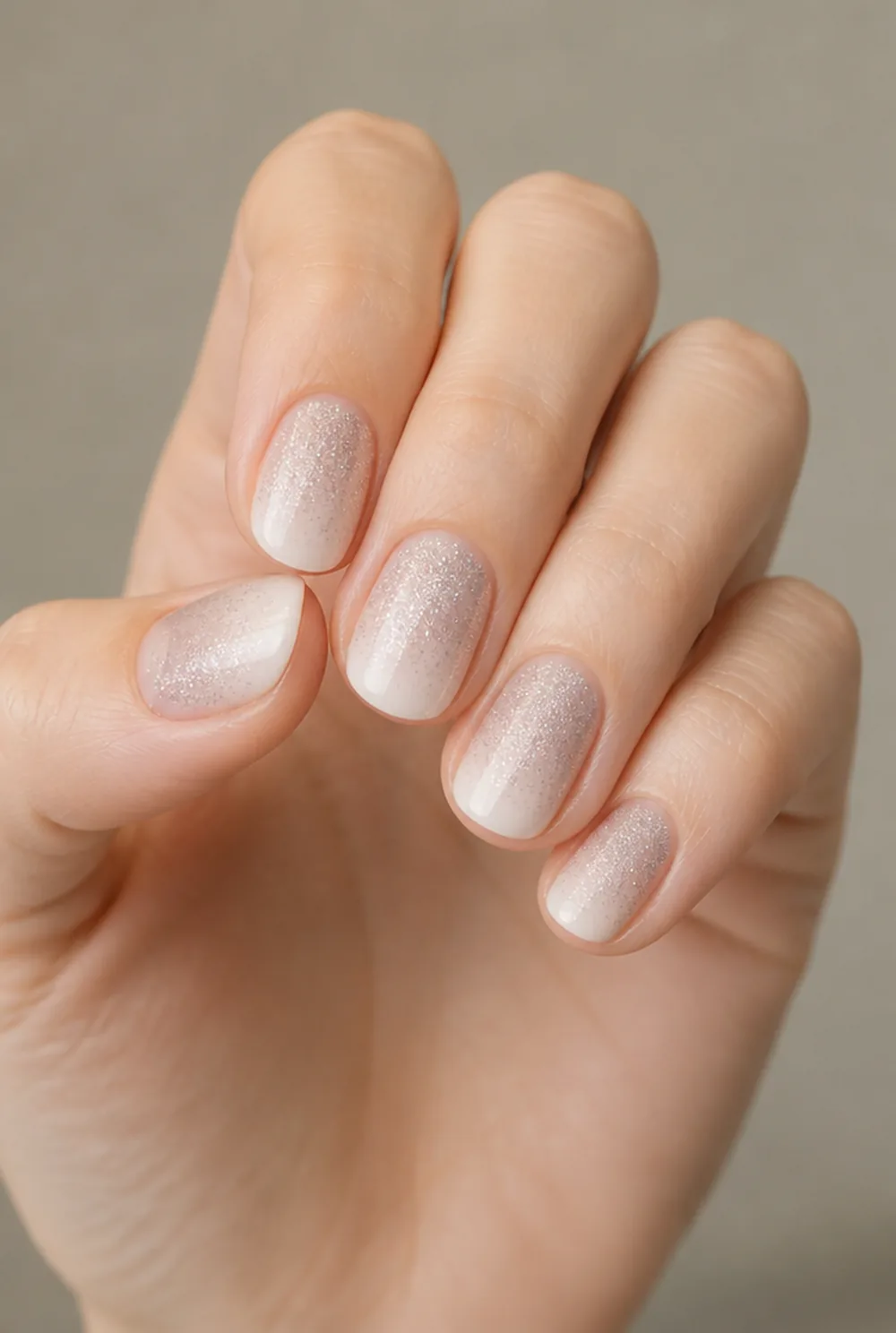 glitter gradient french nail art on fair skin short length - PolishedAndPrettyNails.com glitter gradient french nail art on fair skin, short length