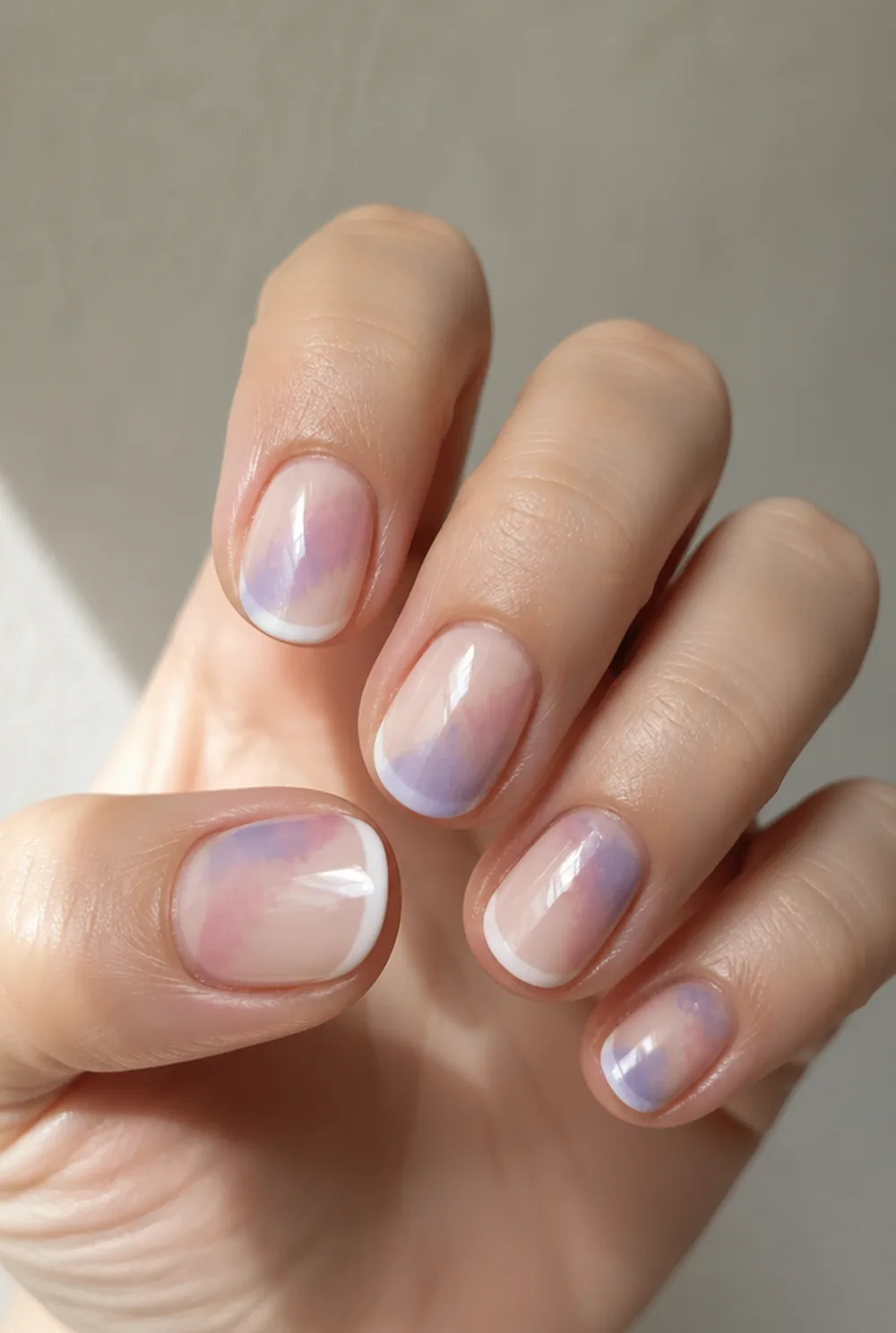 watercolor wash nail art on fair skin short length - PolishedAndPrettyNails.com watercolor wash nail art on fair skin, short length