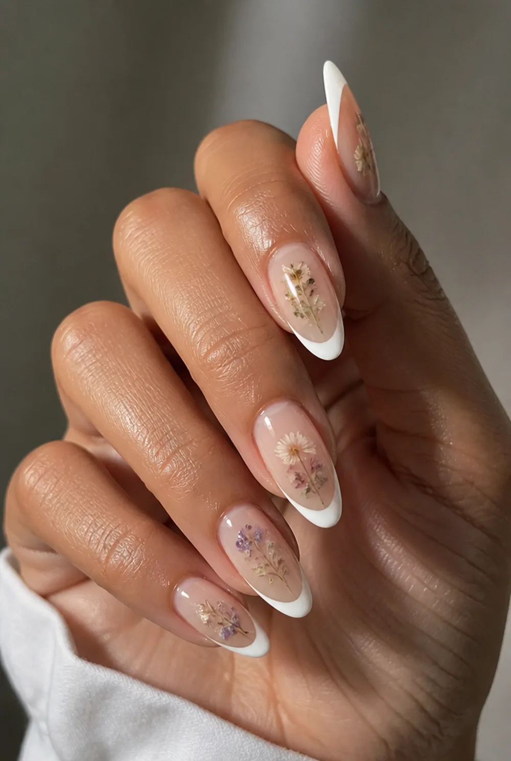 pressed flower french nail art on olive skin long length - PolishedAndPrettyNails.com pressed flower french nail art on olive skin, long length