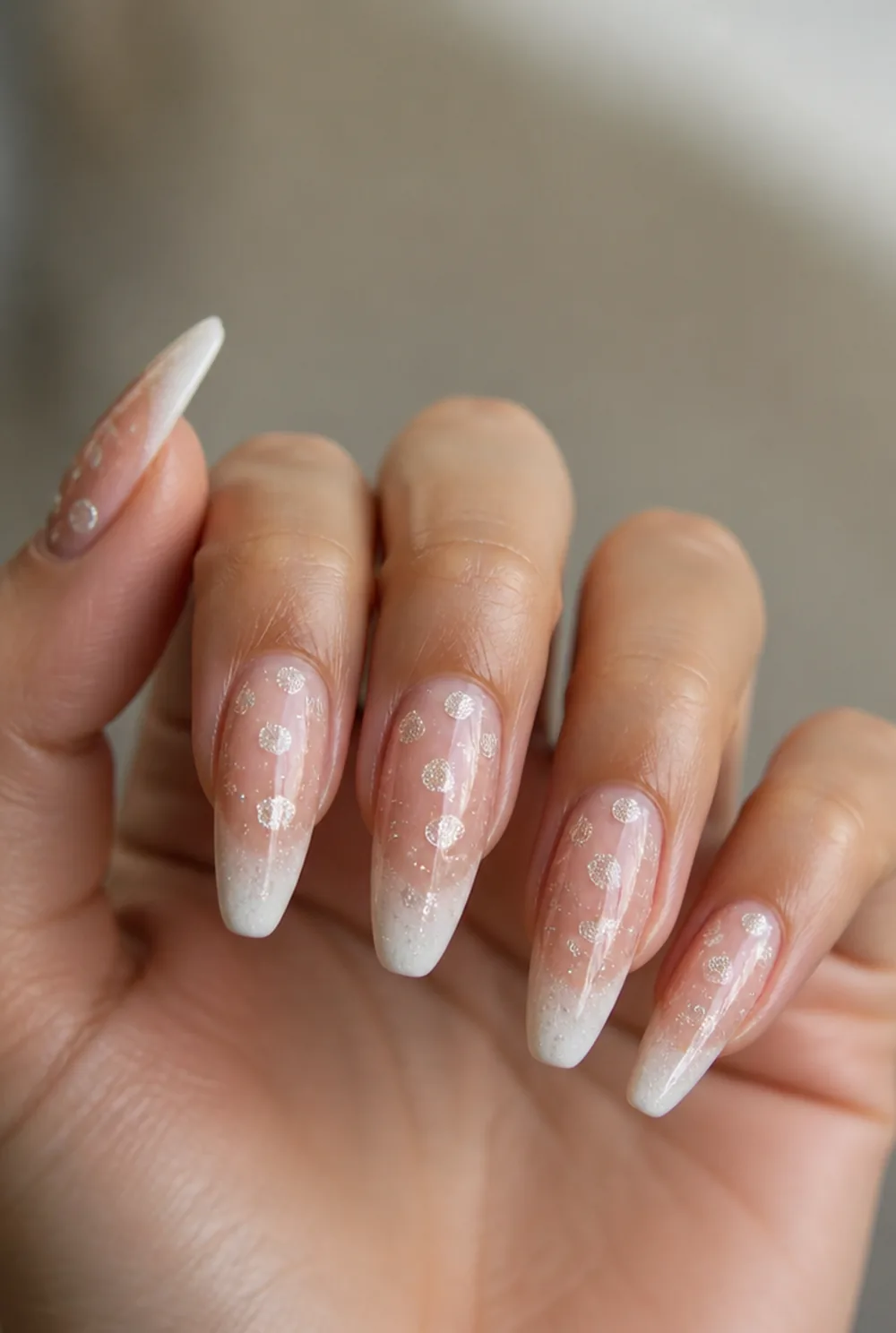 champagne bubble effect nail art on olive skin long length - PolishedAndPrettyNails.com champagne bubble effect nail art on olive skin, long length