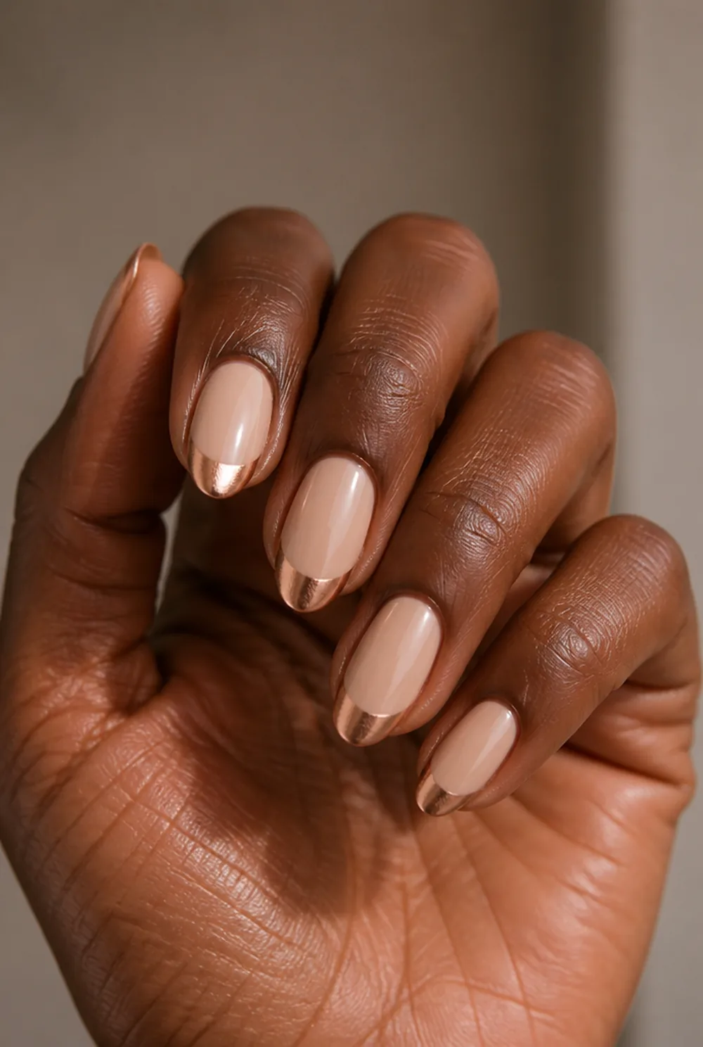 romantic rose gold tips nail art on deep brown skin - PolishedAndPrettyNails.com romantic rose gold tips nail art on deep brown skin