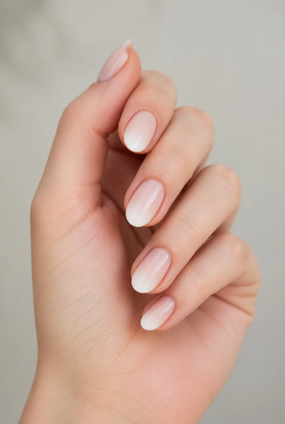ombré french fade nail art on fair skin short length - PolishedAndPrettyNails.com ombré french fade nail art on fair skin, short length