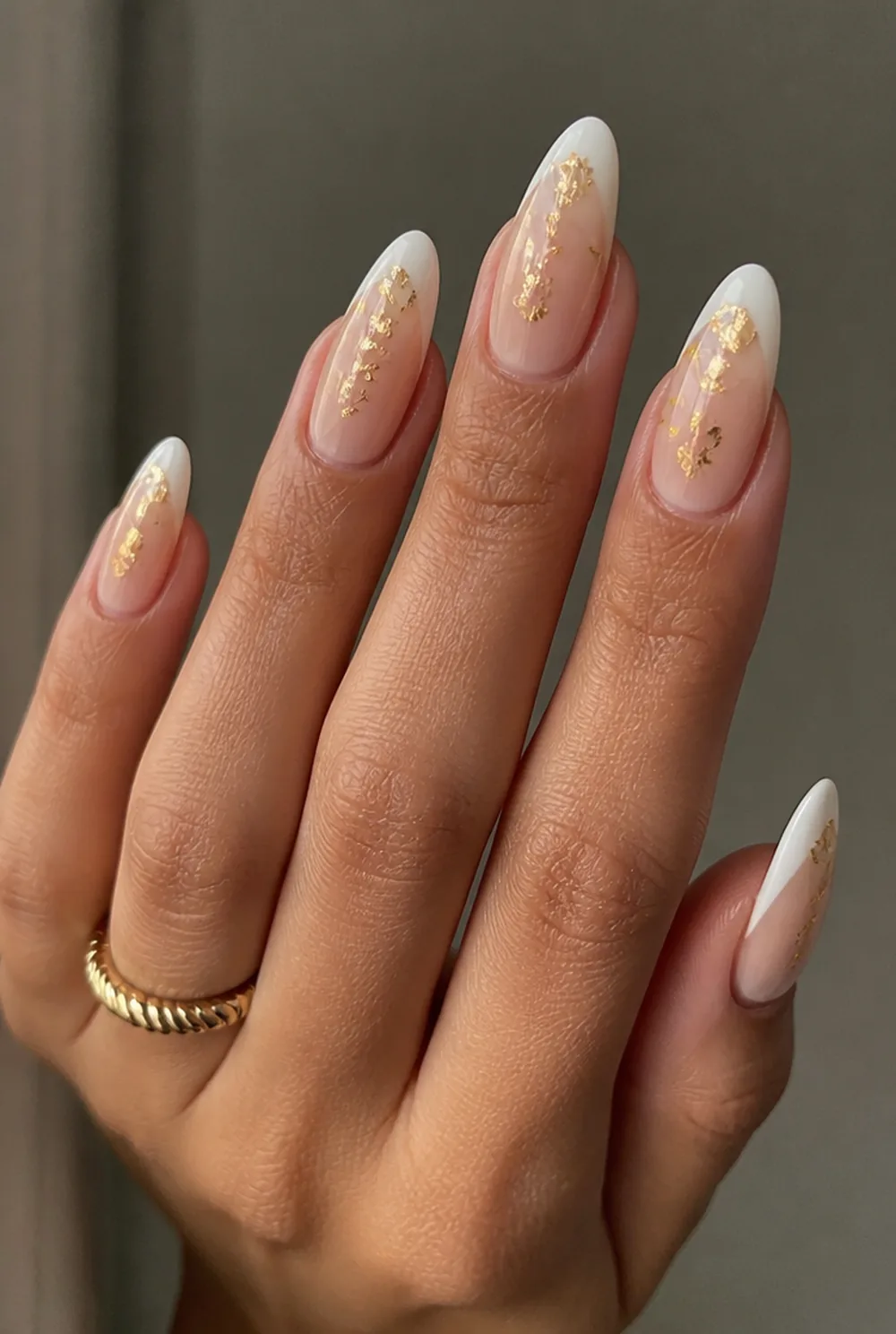 vintage-inspired gold leaf nail art on olive skin long length - PolishedAndPrettyNails.com vintage-inspired gold leaf nail art on olive skin, long length