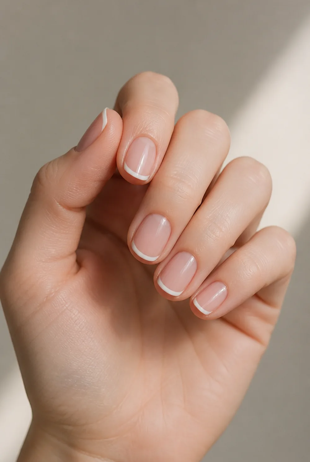 minimalist micro-french nail art on fair skin short length - PolishedAndPrettyNails.com minimalist micro-french nail art on fair skin, short length