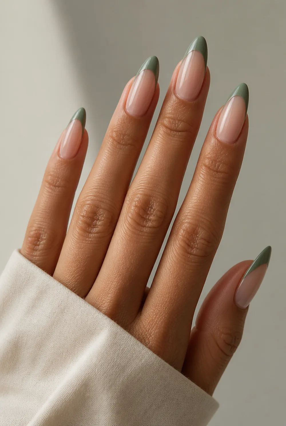 sage green serenity french tip nails nail art on olive skin, long length