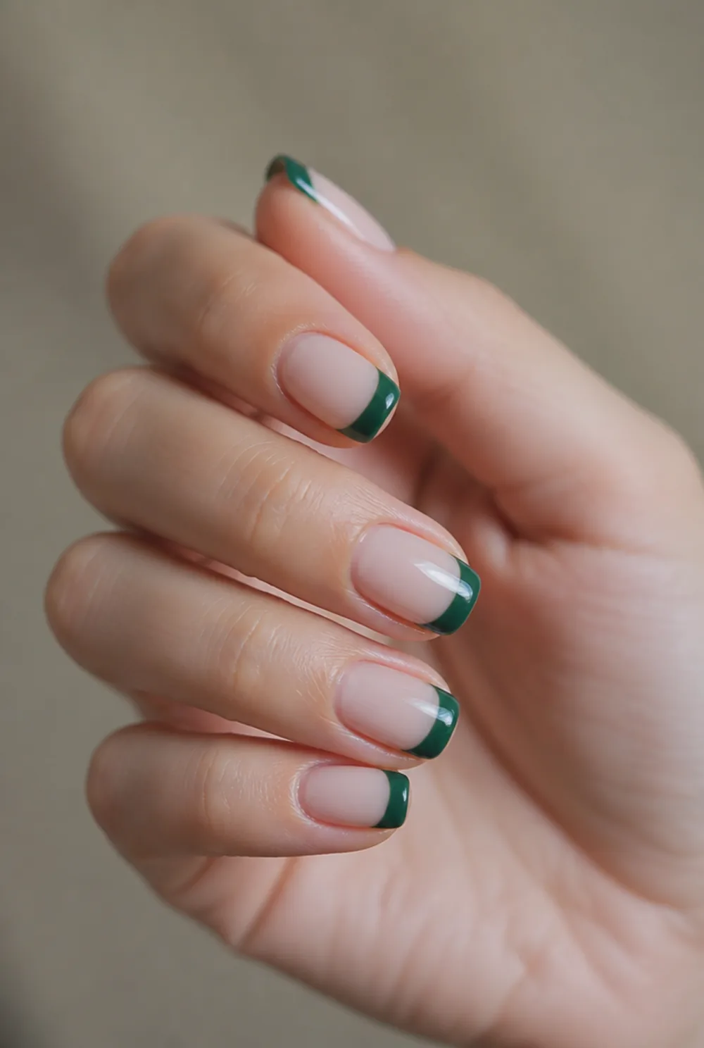 emerald elegance french tip nails nail art on fair skin, short length