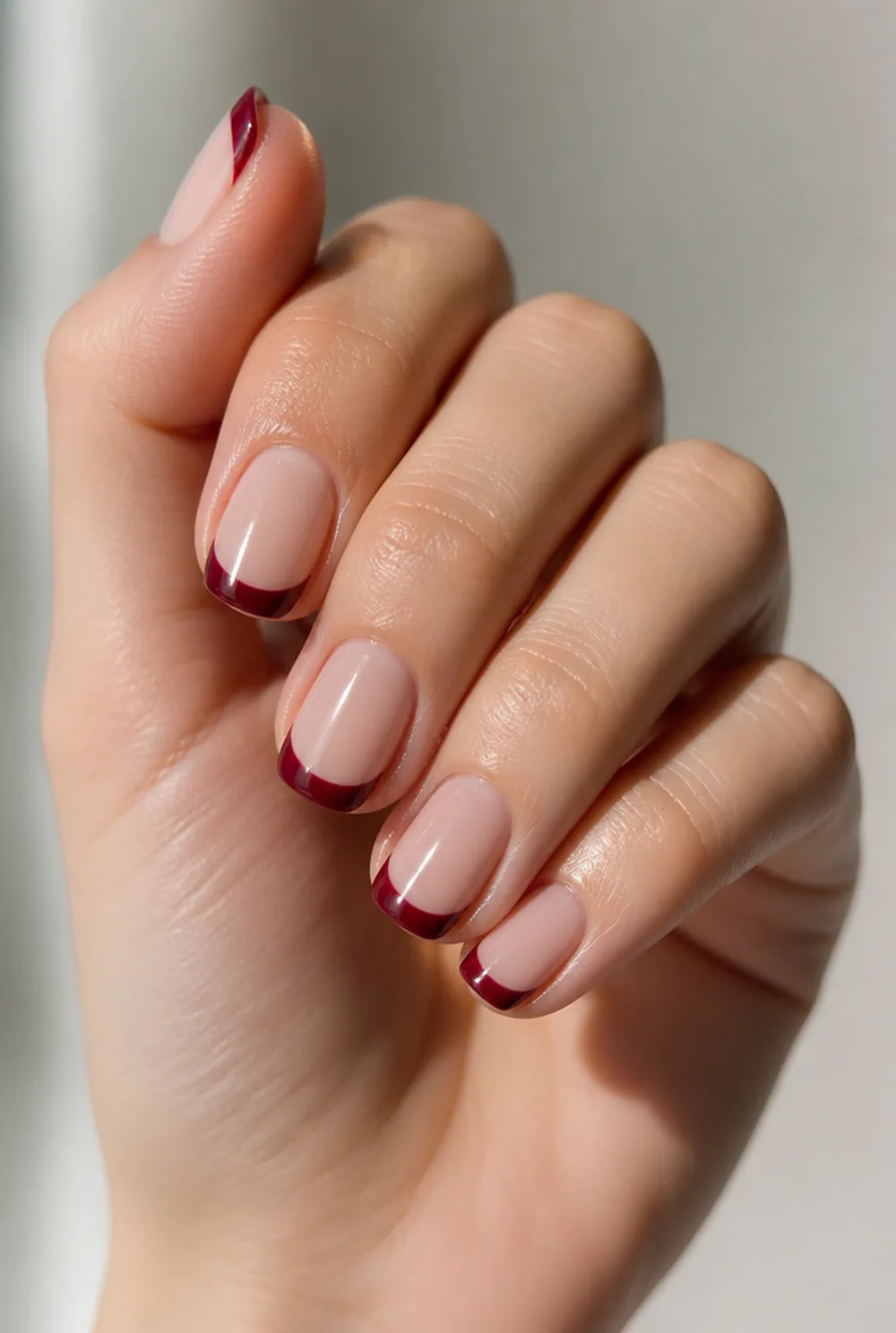classic red revolution french tip nails nail art on fair skin, short length