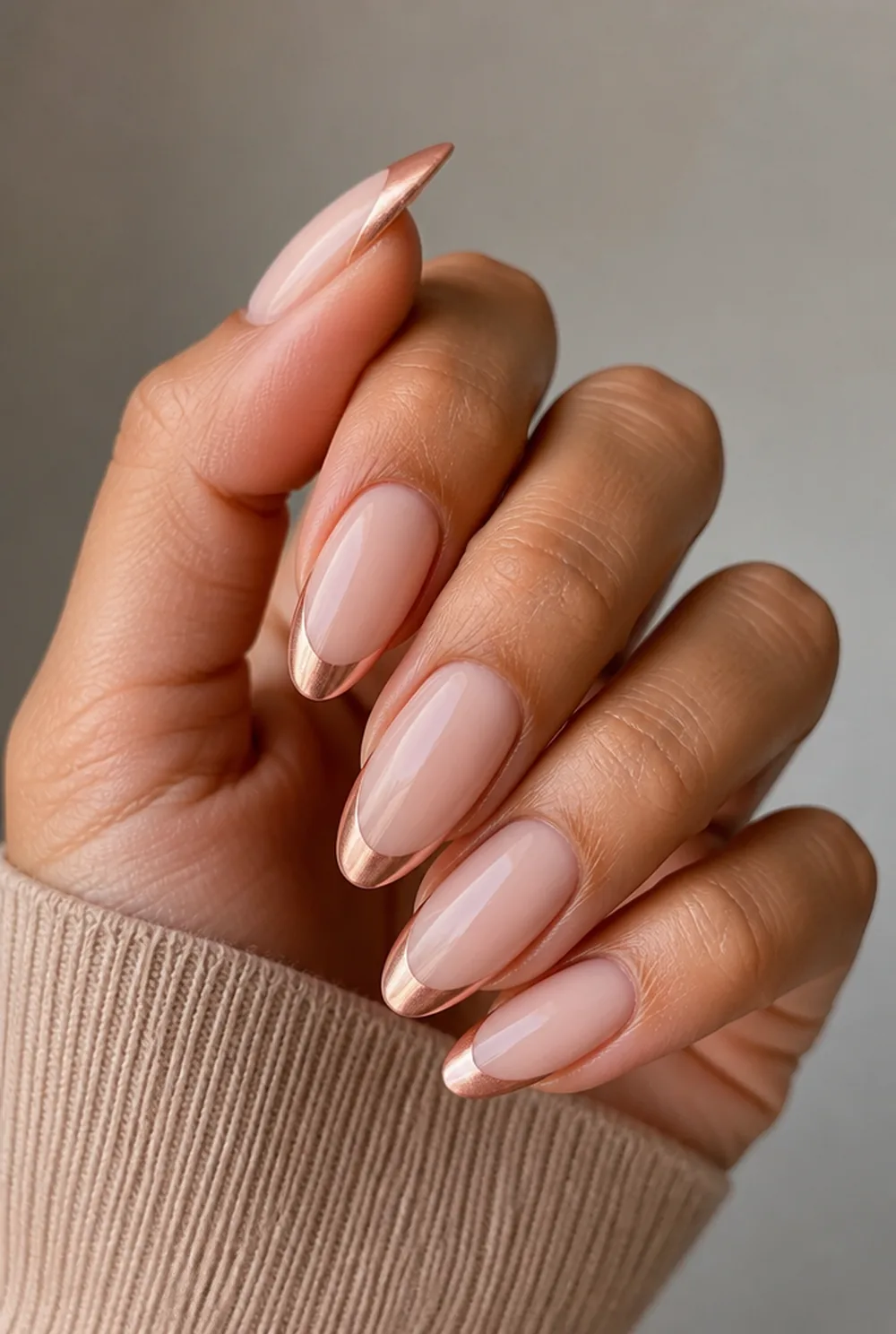 rose gold glamour french tip nails nail art on olive skin, long length