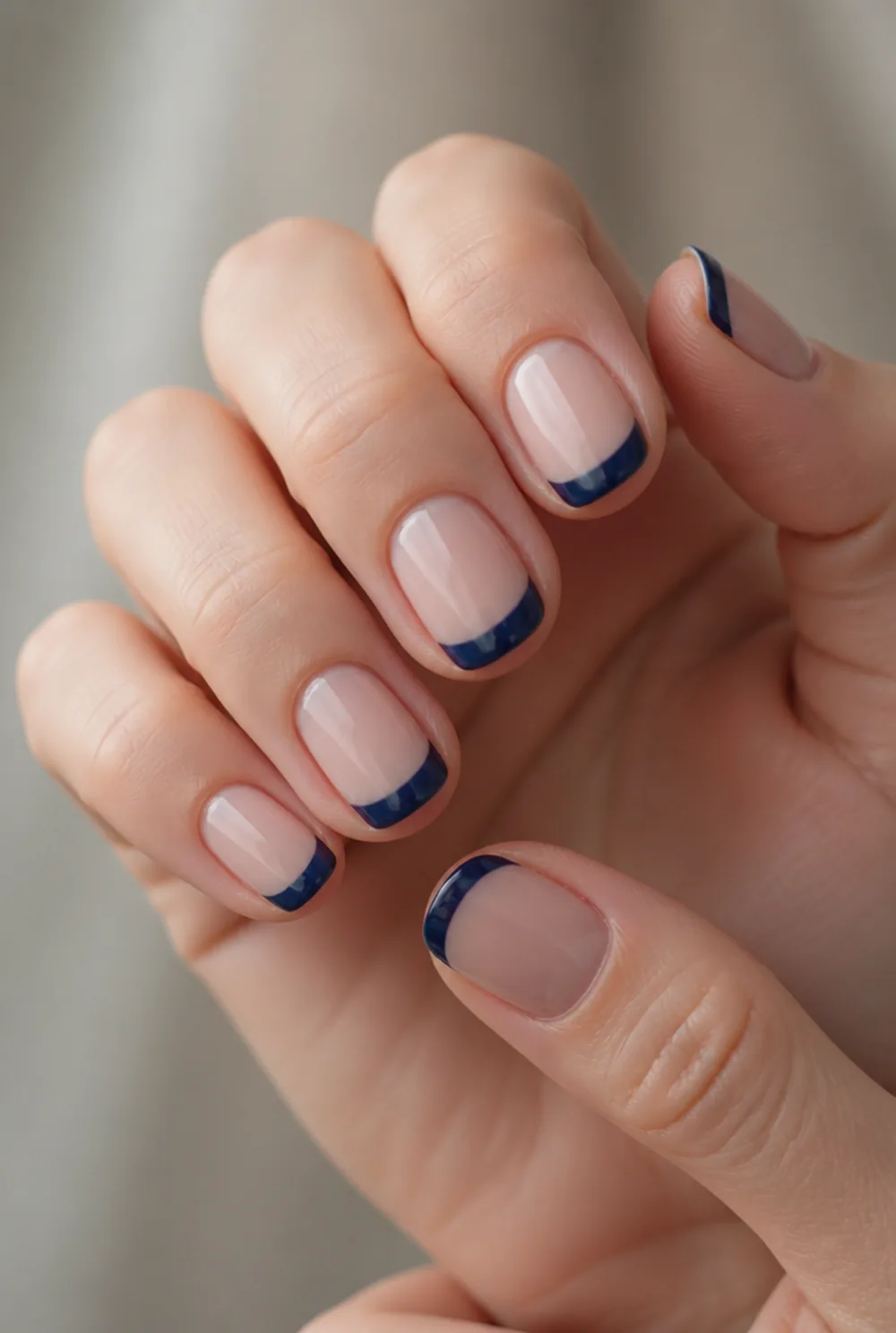 deep navy sophistication french tip nails nail art on fair skin, short length