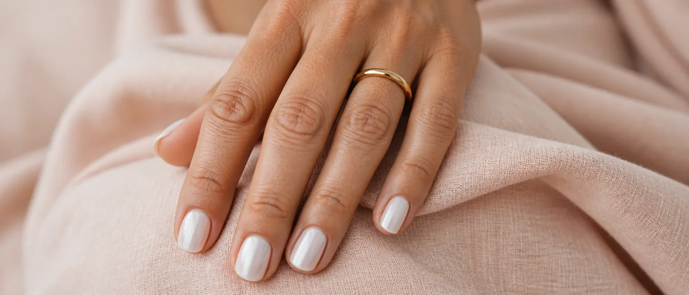 Short oval nails in a glossy pearl-white finish and a slim gold ring - PolishedAndPrettyNails.com Short oval nails in a glossy pearl-white finish and a slim gold ring