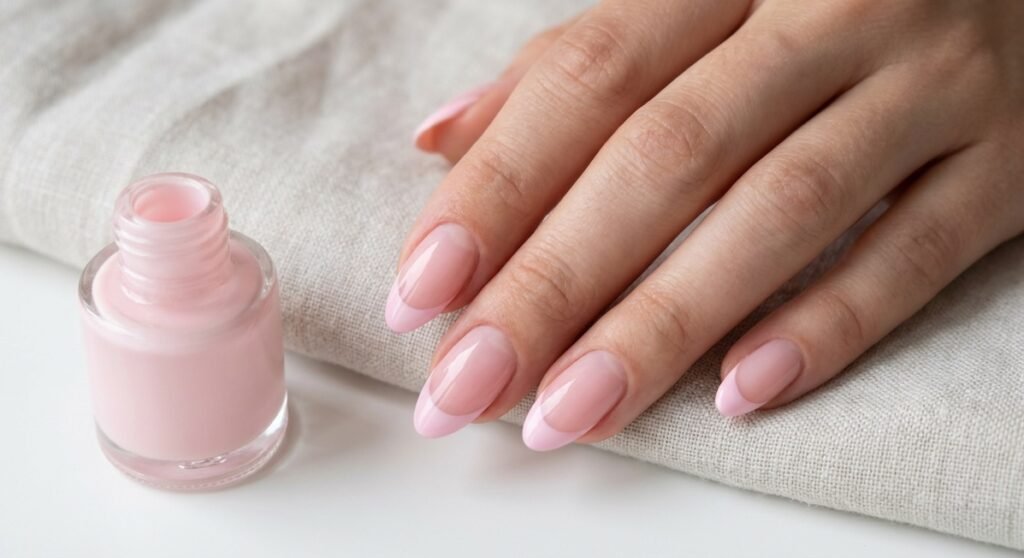 Baby pink tips create a barely-there enhancement that’s perfect for those who want something subtle yet different. This delicate shade elongates the nail bed and pairs beautifully with nude or sheer pink bases. 