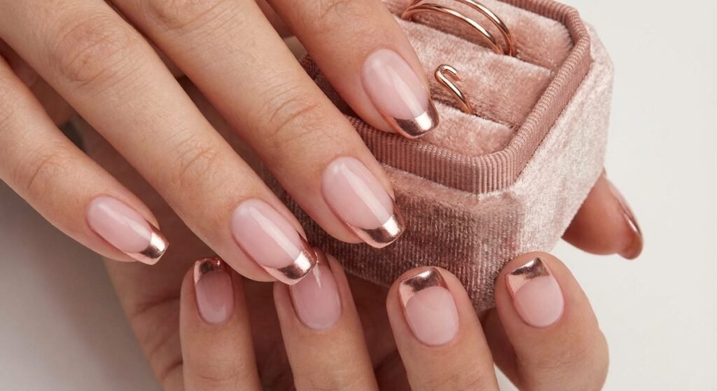Metallic rose gold tips add instant luxury to your manicure. This trendy shade bridges the gap between pink and copper, creating a warm, flattering glow. 