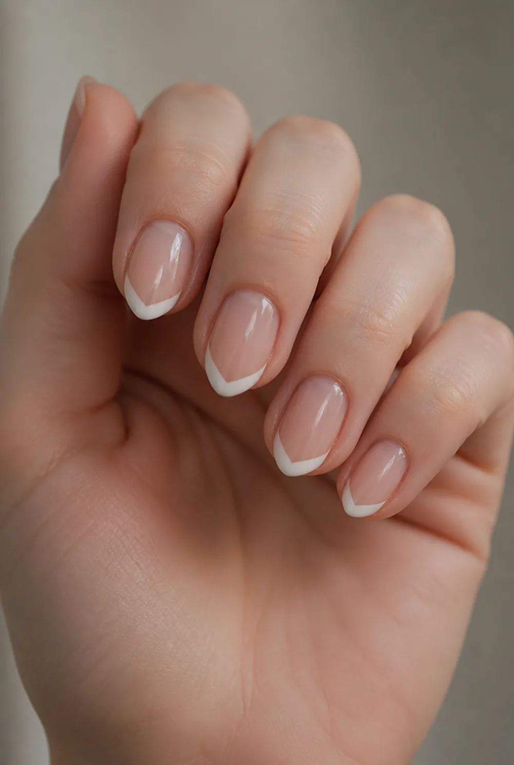 v-french nail art on fair skin short length - PolishedAndPrettyNails.com v-french nail art on fair skin, short length