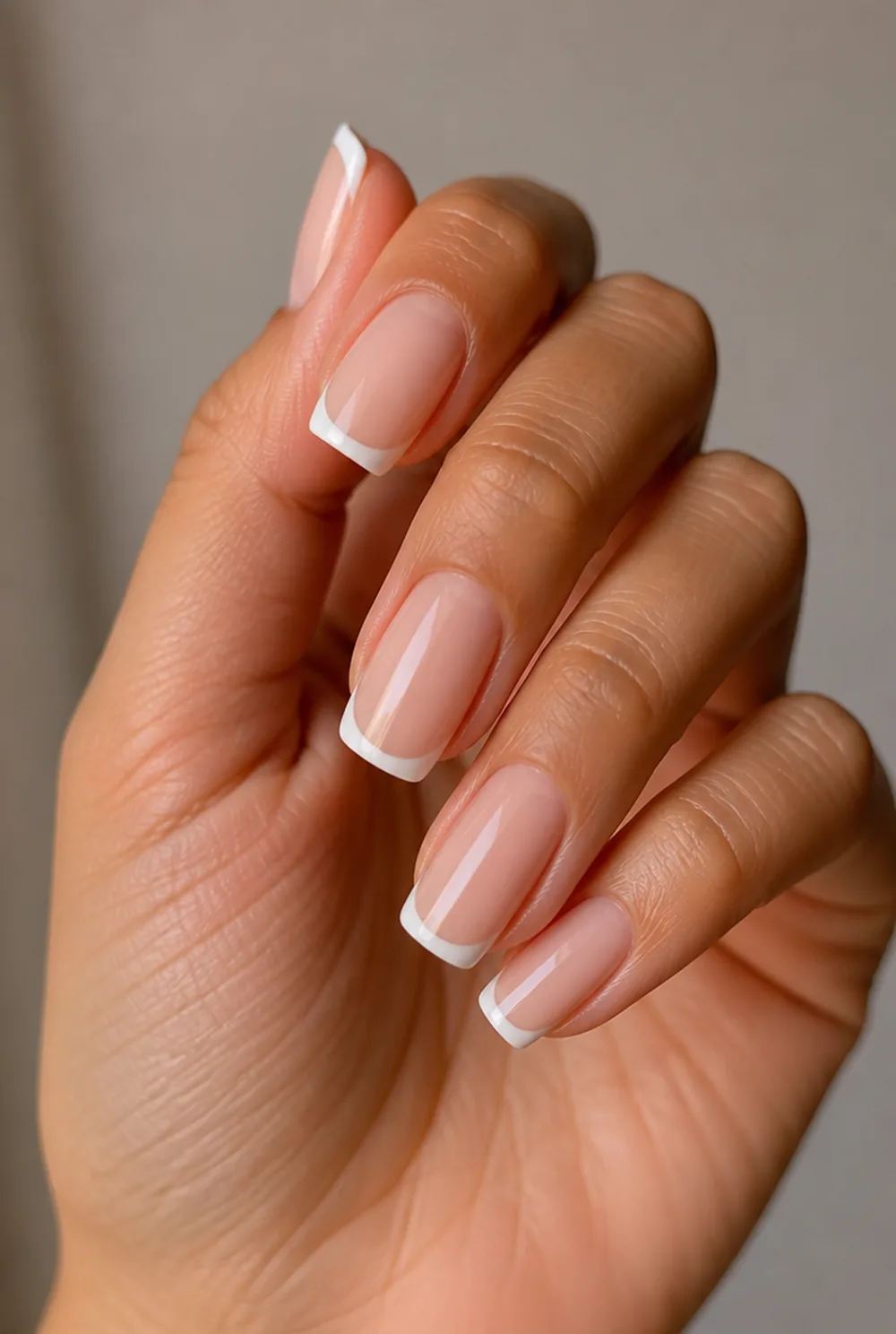 squoval short french nail art on olive skin long length - PolishedAndPrettyNails.com squoval short french nail art on olive skin, long length