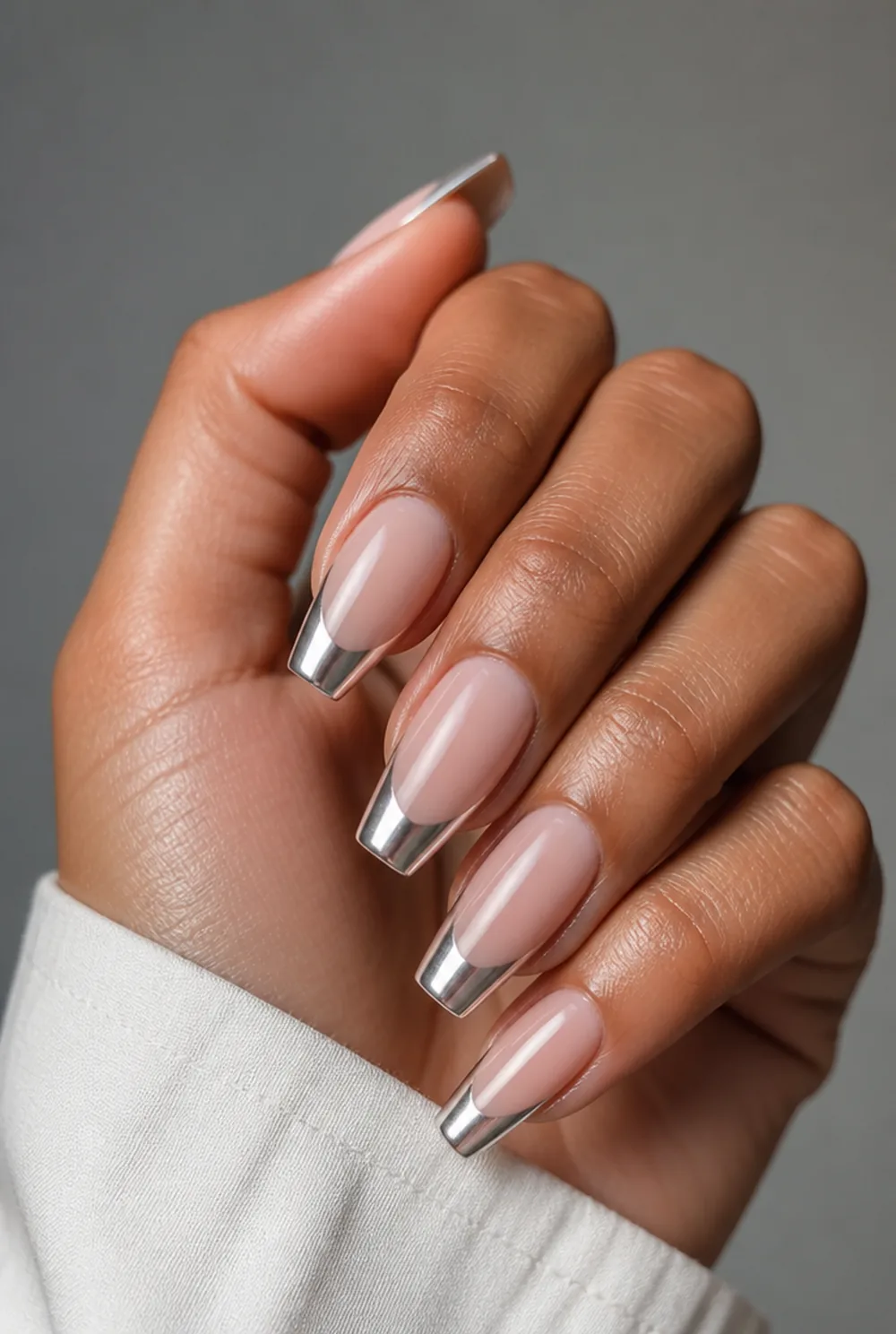 chrome french nail art on olive skin long length - PolishedAndPrettyNails.com chrome french nail art on olive skin, long length