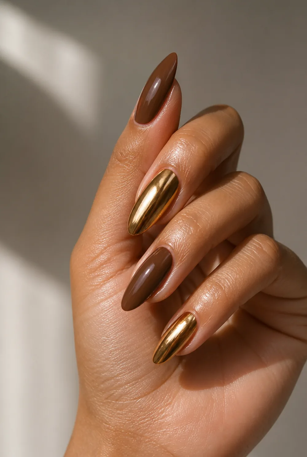 gilded gold nail art on olive skin long length - PolishedAndPrettyNails.com gilded gold nail art on olive skin, long length