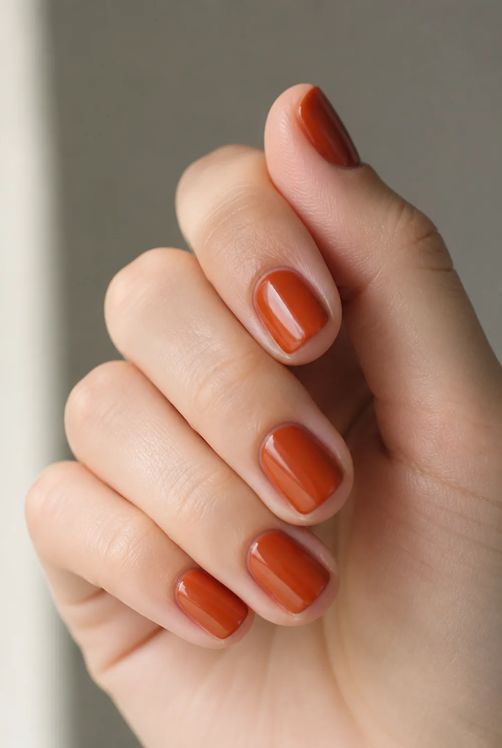 burnt orange nail art on fair skin short length - PolishedAndPrettyNails.com burnt orange nail art on fair skin, short length