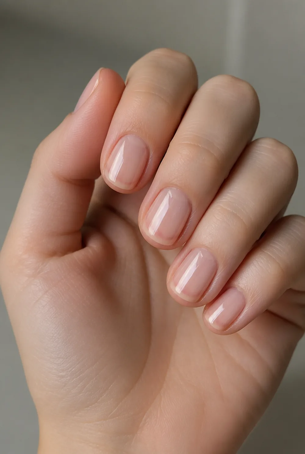 sheer nude gel overlay nail art on fair skin short length - PolishedAndPrettyNails.com sheer nude gel overlay nail art on fair skin, short length