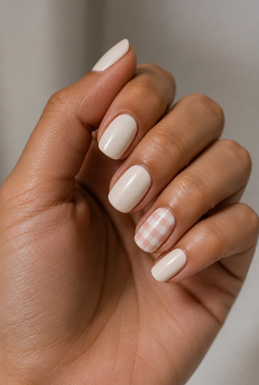 gingham check accent nail art on olive skin long length - PolishedAndPrettyNails.com gingham check accent nail art on olive skin, long length