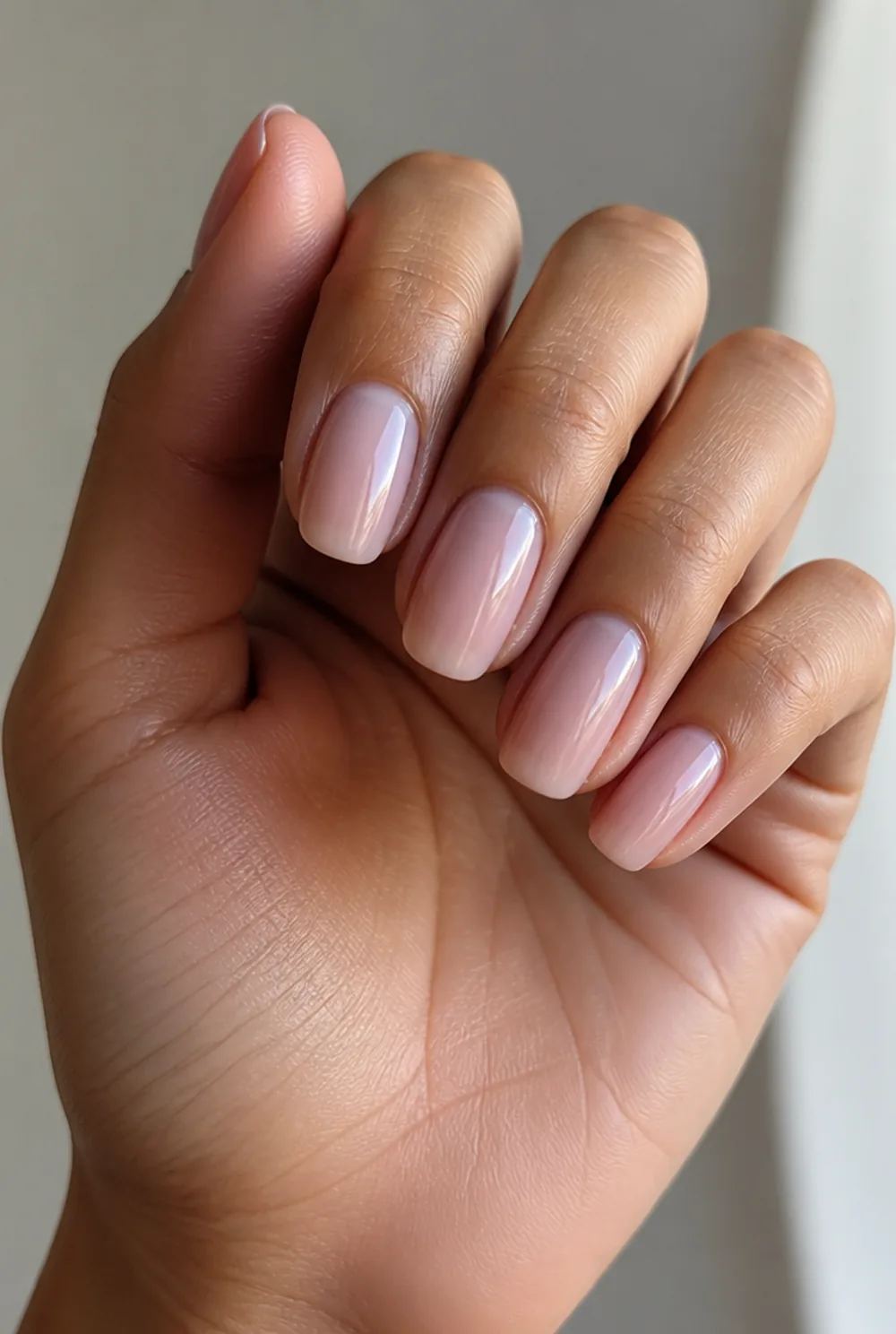 sheer pink one-coater nail art on olive skin long length - PolishedAndPrettyNails.com sheer pink one-coater nail art on olive skin, long length