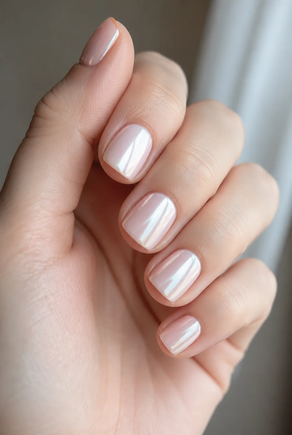 glazed chrome micro square nail art on fair skin short length - PolishedAndPrettyNails.com glazed chrome micro square nail art on fair skin, short length