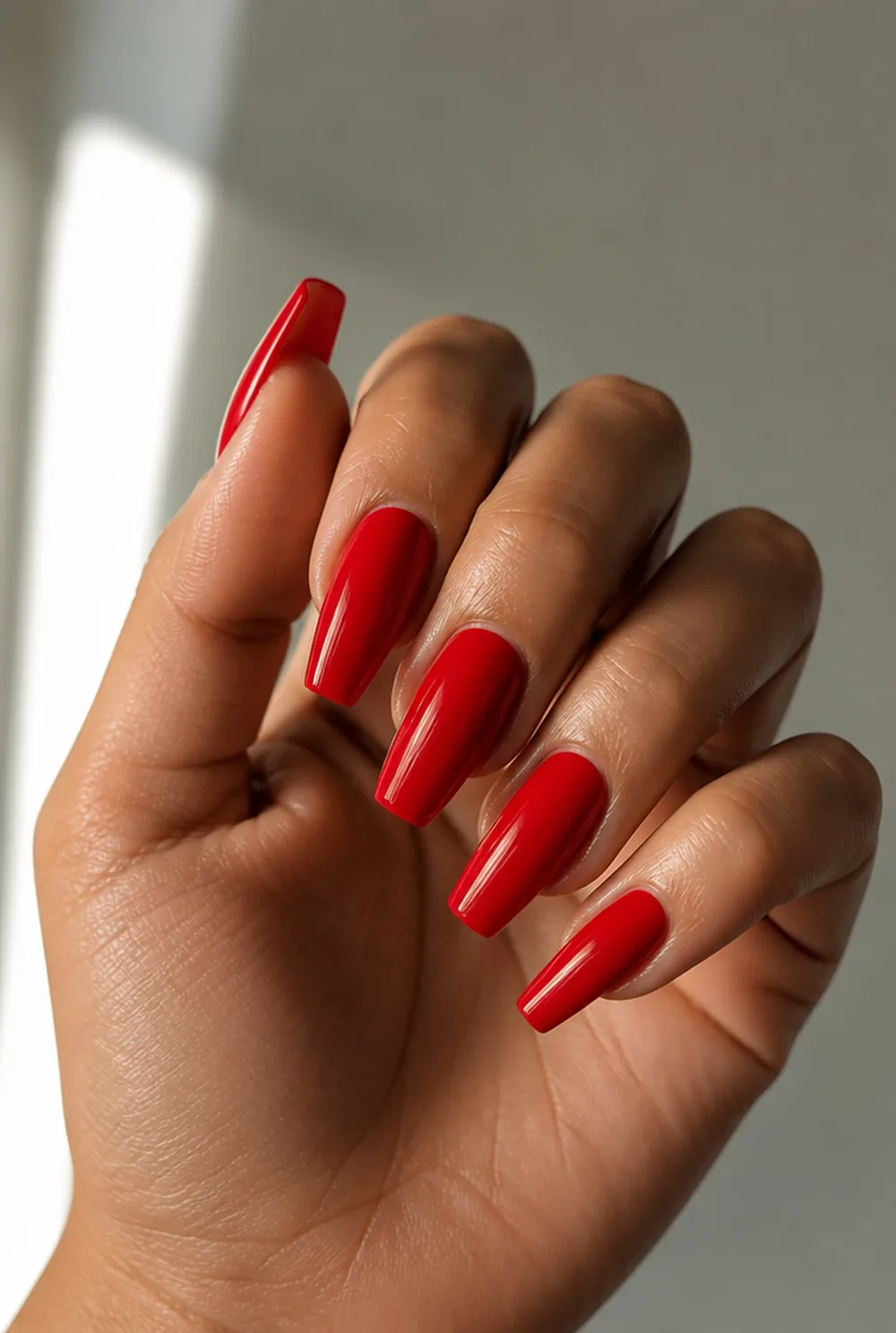 bold red coffin nail art on olive skin long length - PolishedAndPrettyNails.com bold red coffin nail art on olive skin, long length