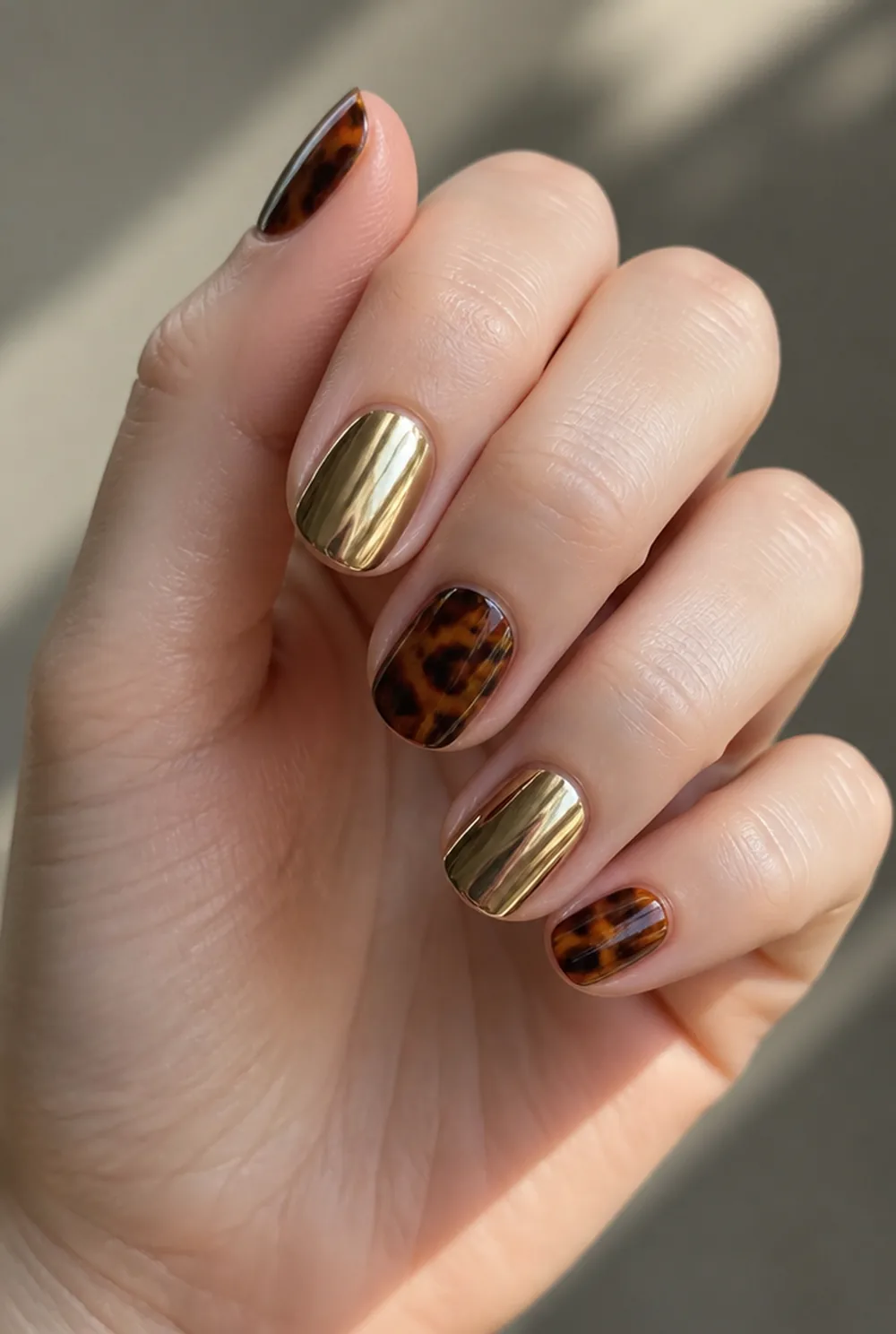 tortoise and gold chrome mix nail art on fair skin short length - PolishedAndPrettyNails.com tortoise and gold chrome mix nail art on fair skin, short length