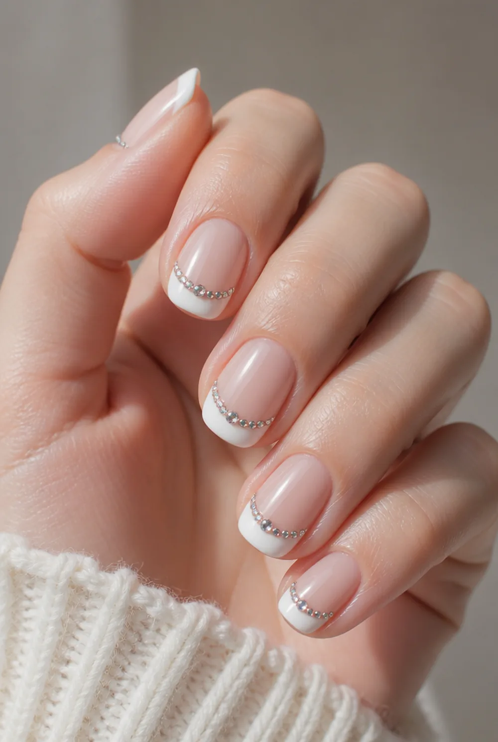 rhinestone placement french nail art on fair skin short length - PolishedAndPrettyNails.com rhinestone placement french nail art on fair skin, short length