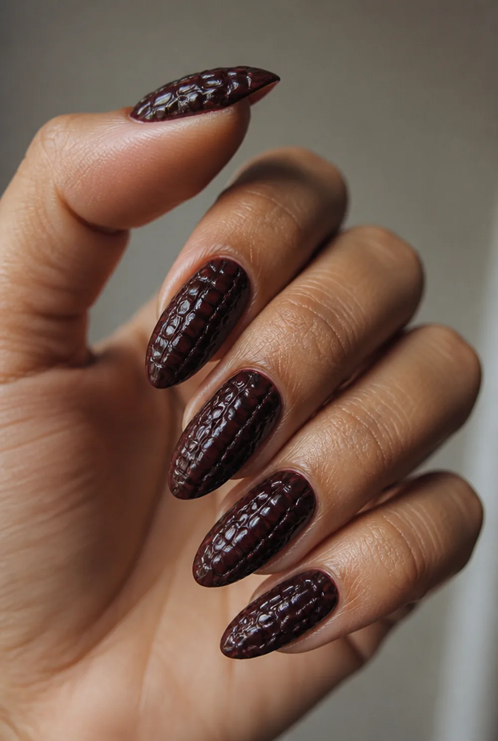 full croc texture set nail art on olive skin long length - PolishedAndPrettyNails.com full croc texture set nail art on olive skin, long length