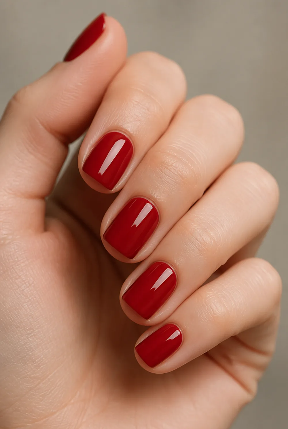 cherry red short square nail art on fair skin short length - PolishedAndPrettyNails.com cherry red short square nail art on fair skin, short length