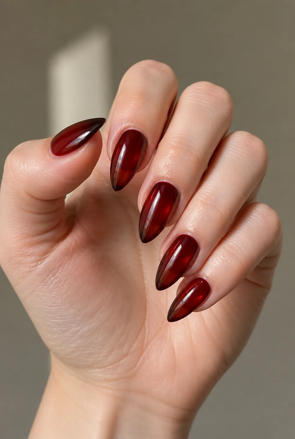 cherry cola stiletto nail art on fair skin short length - PolishedAndPrettyNails.com cherry cola stiletto nail art on fair skin, short length