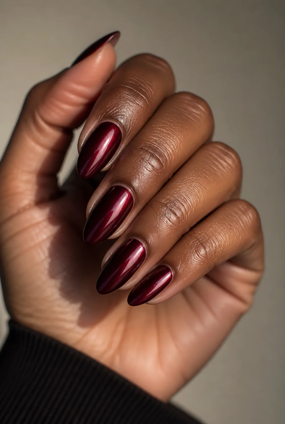 oxblood chrome xl almond nail art on deep brown skin - PolishedAndPrettyNails.com oxblood chrome xl almond nail art on deep brown skin