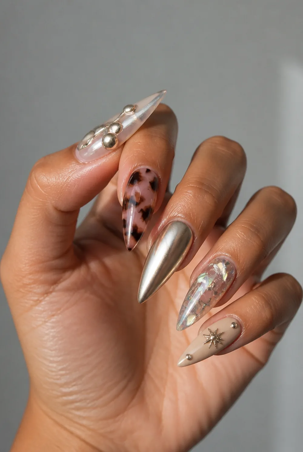 mismatched statement set nail art on olive skin long length - PolishedAndPrettyNails.com mismatched statement set nail art on olive skin, long length