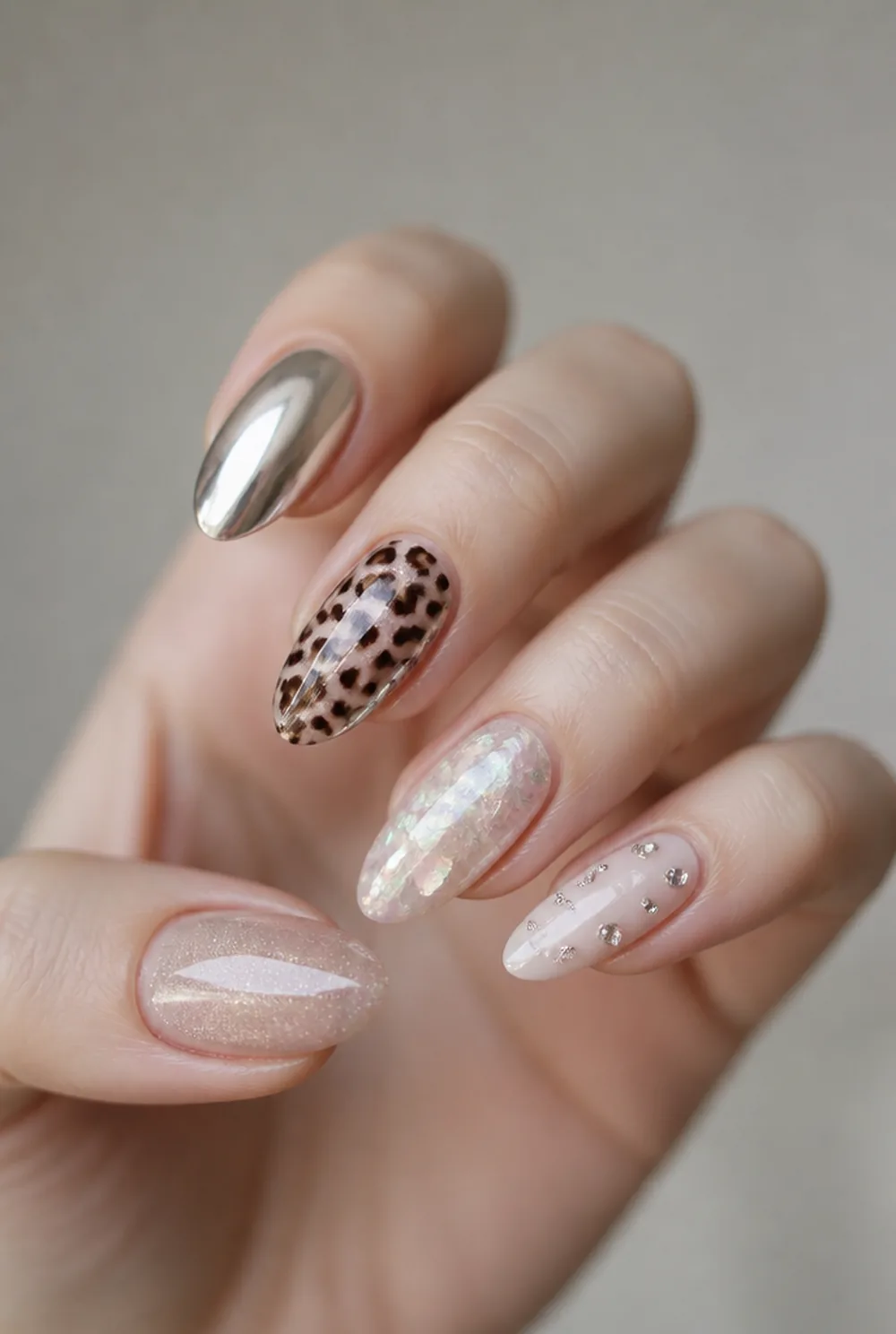 mismatched statement set nail art on fair skin short length - PolishedAndPrettyNails.com mismatched statement set nail art on fair skin, short length
