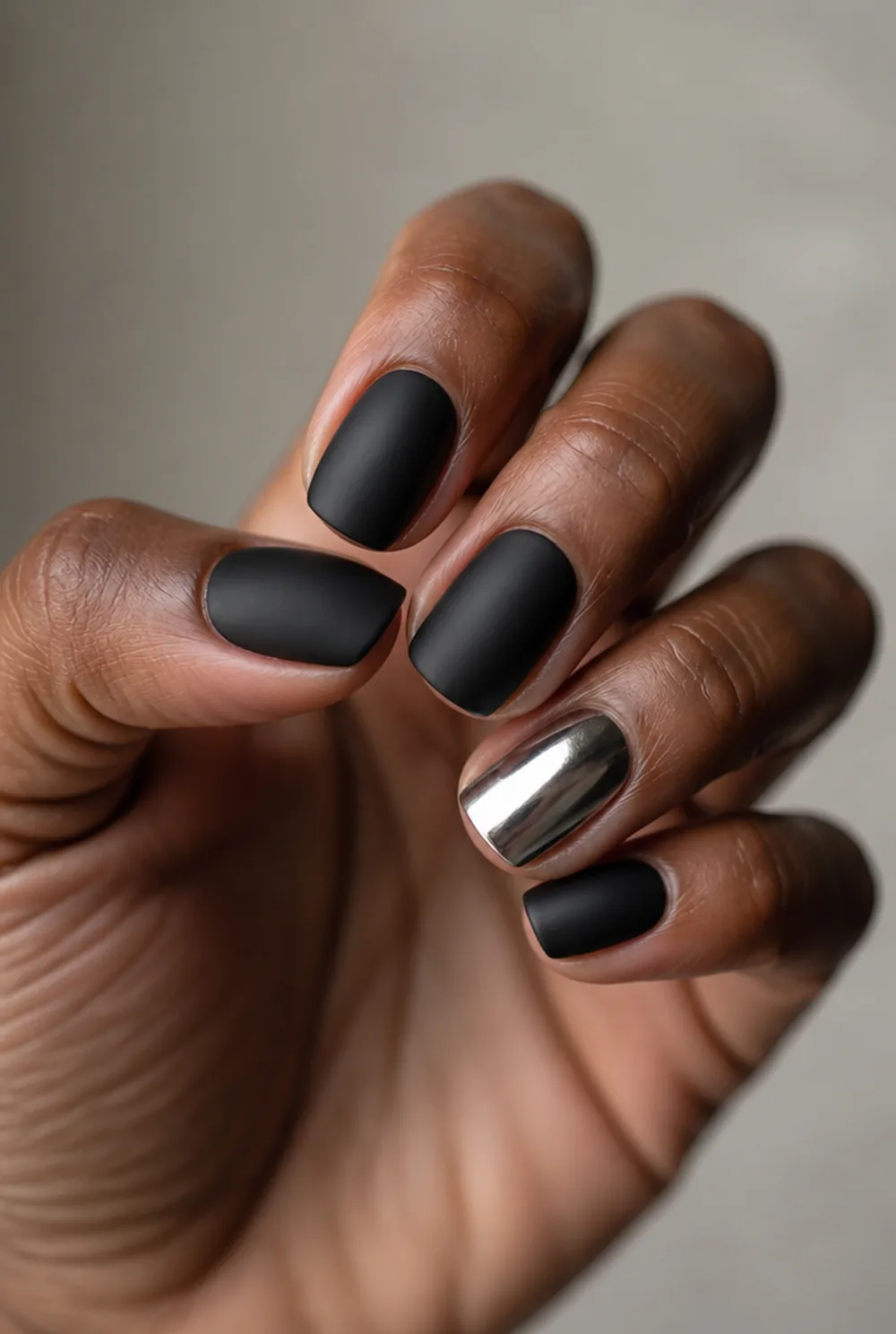 blackout with one chrome accent nail art on deep brown skin - PolishedAndPrettyNails.com blackout with one chrome accent nail art on deep brown skin
