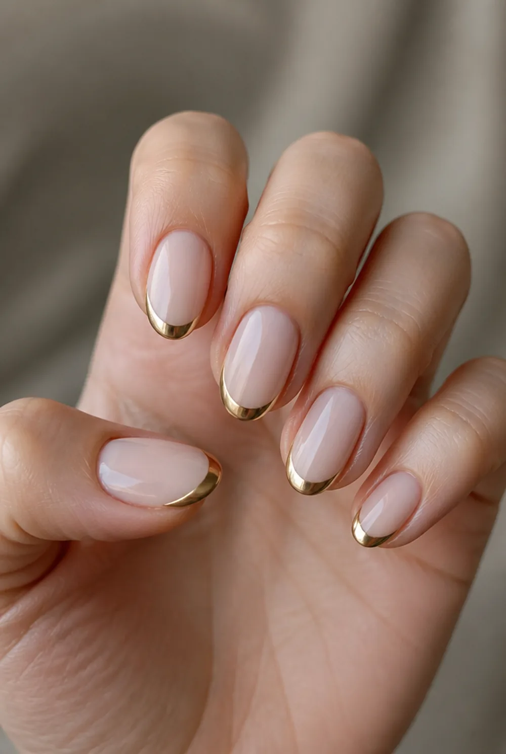 gold chrome tips nail art on fair skin short length - PolishedAndPrettyNails.com gold chrome tips nail art on fair skin, short length