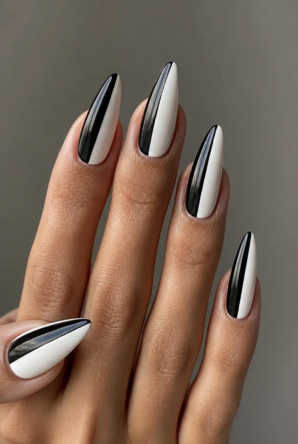 half-half split nail art on olive skin, long length
