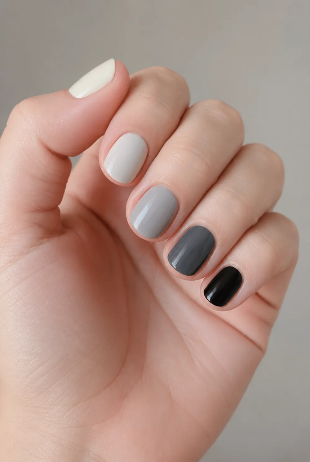 monochrome ombre nail art on fair skin, short length