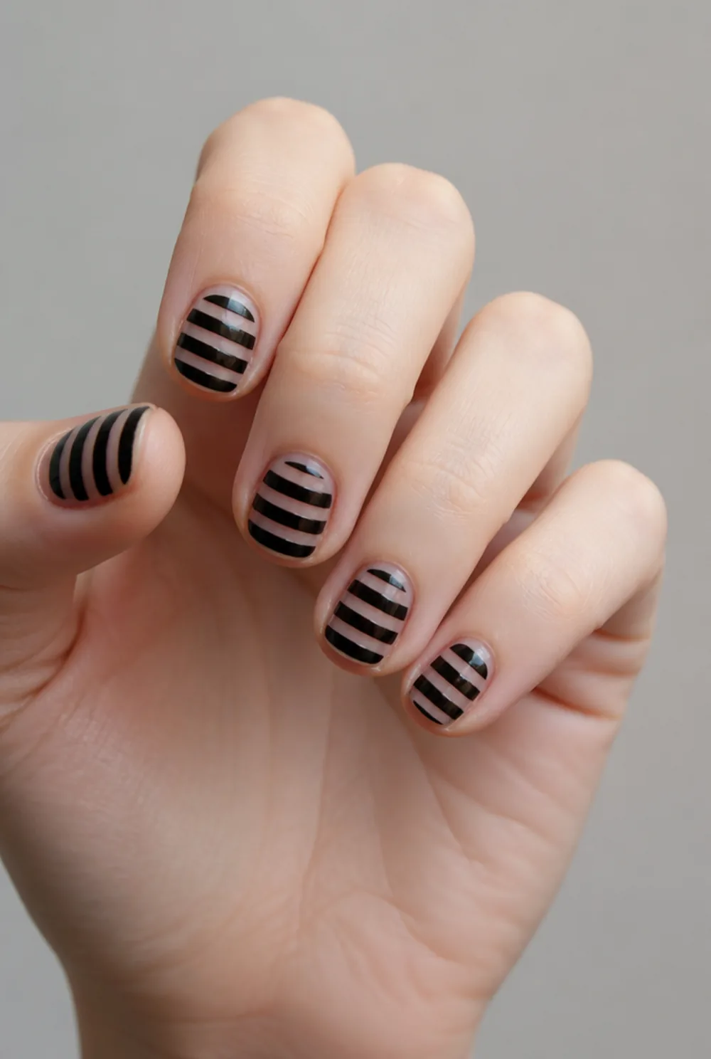 negative-space stripes nail art on fair skin, short length