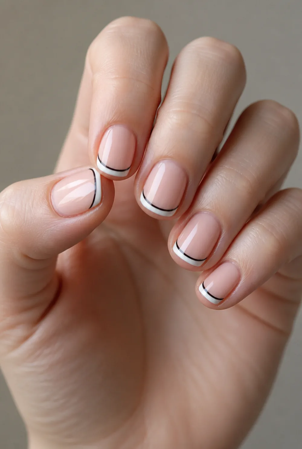outlined french nail art on fair skin, short length