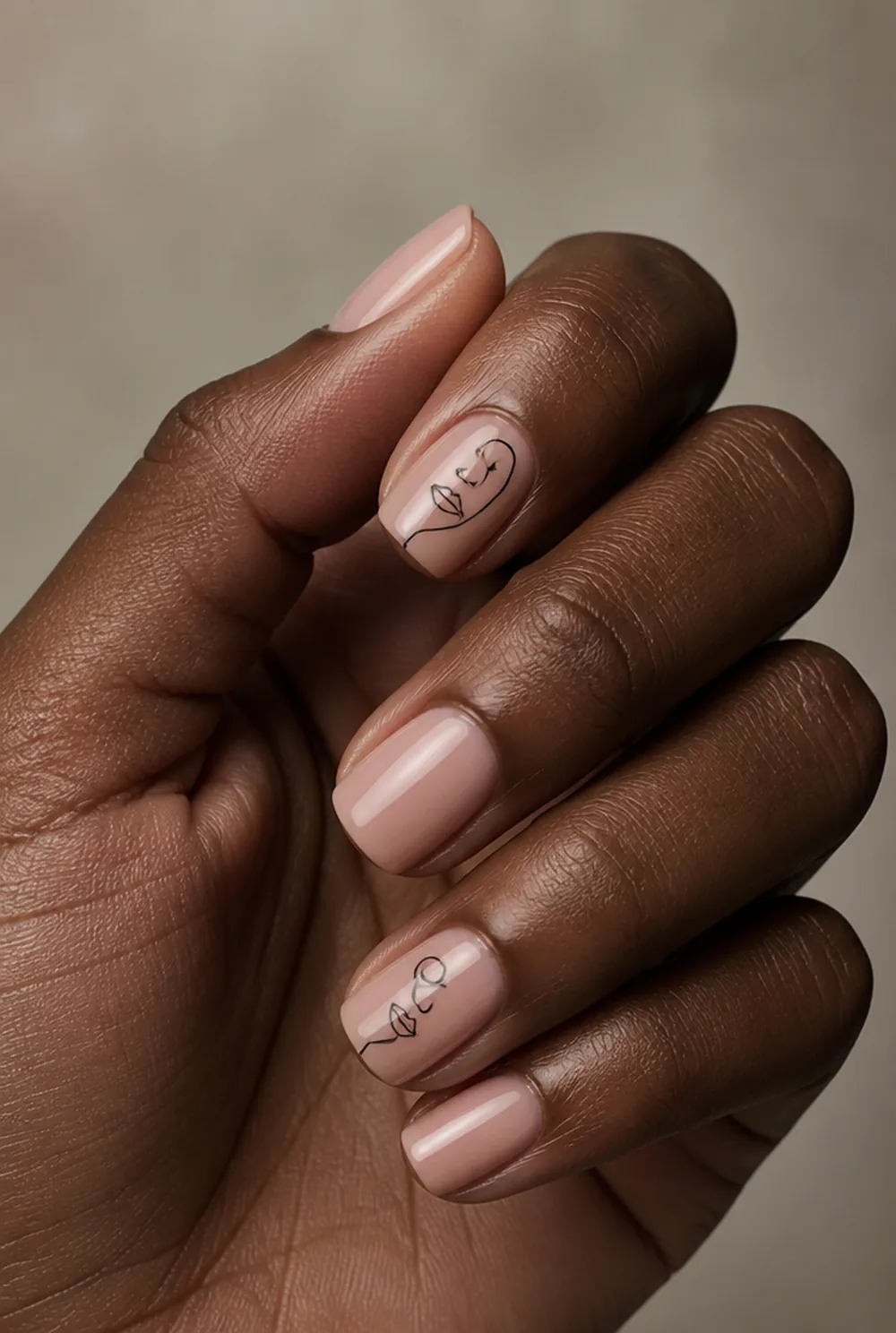 line-art faces nail art on deep brown skin