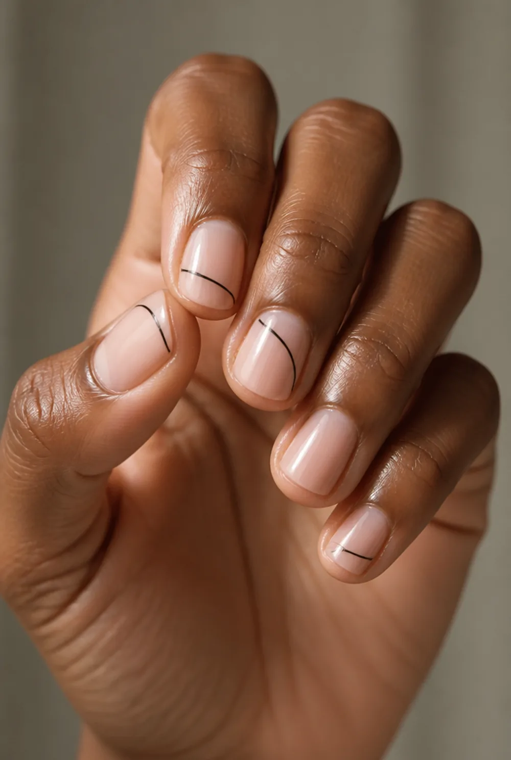 minimal black line art nail art on deep brown skin