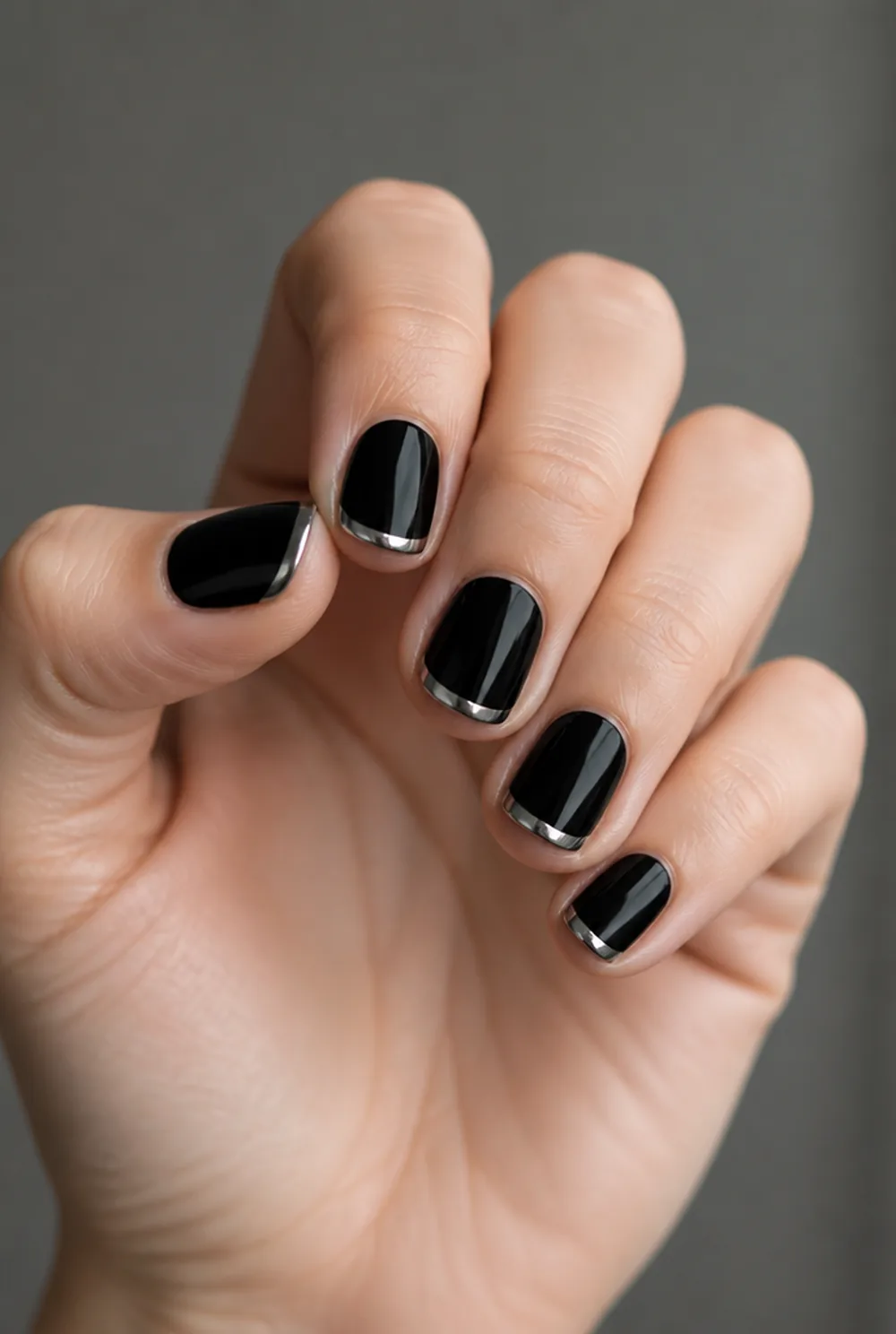 black with chrome french tips nail art on fair skin, short length