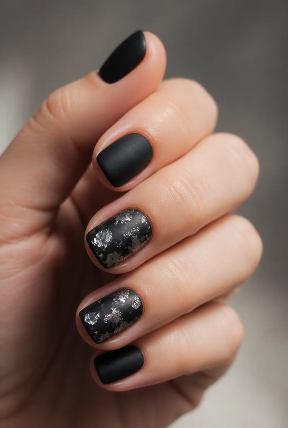 black with silver foil nail art on fair skin, short length