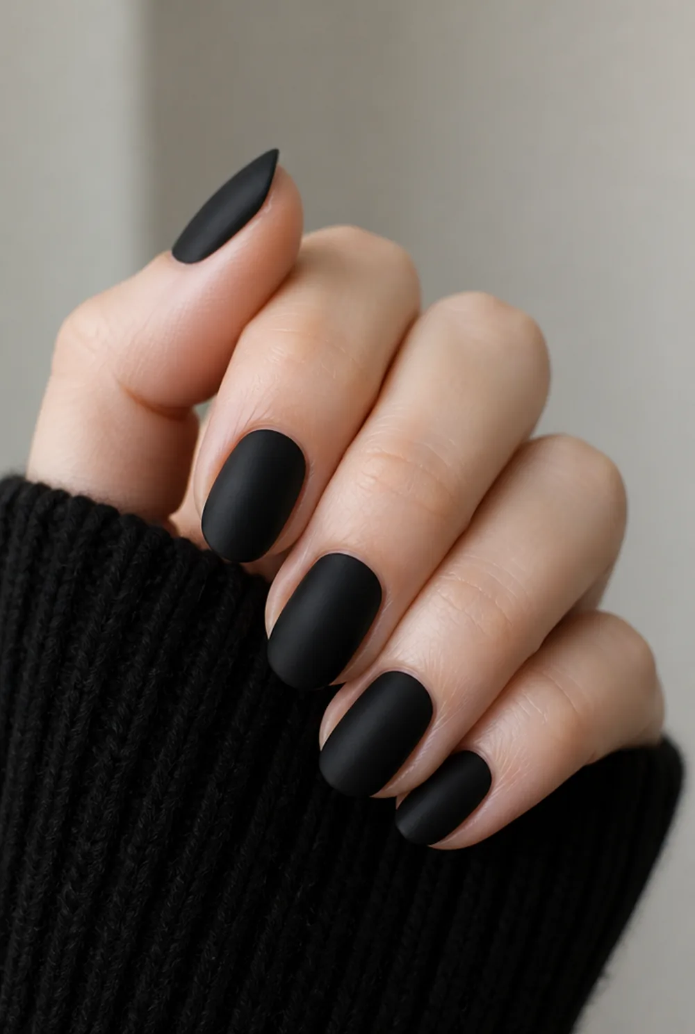 matte black almond nail art on fair skin, short length