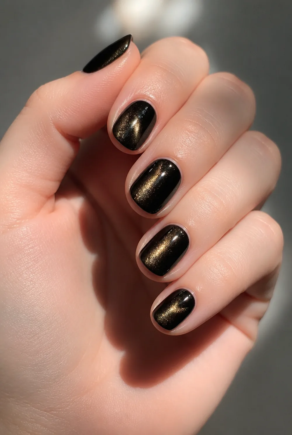 black cat eye nail art on fair skin, short length